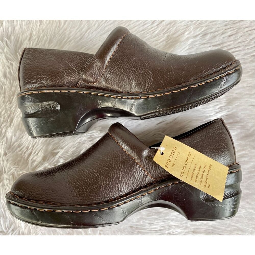 NWT Sonoma SZ 9 Brown Leather Slip On Professional Comfort Clogs Shoes